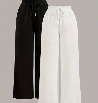 2 Set of Women and men's solid color loose straight-leg long pants.