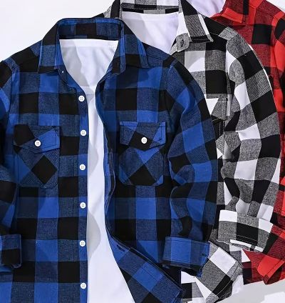2pcs Men'S Plaid Shirt Set, Long Sleeve Casual Button- with Lapel Collar and Chest Pockets, Polyester 100%, Non-Stretch Woven Fabrics - Red, Blue, Black Combo Pack