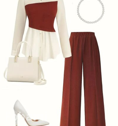 Elegant Women's Two-Piece Set: Color Block Button-Up Shirt & Wide-Leg Pants in Burgundy and White